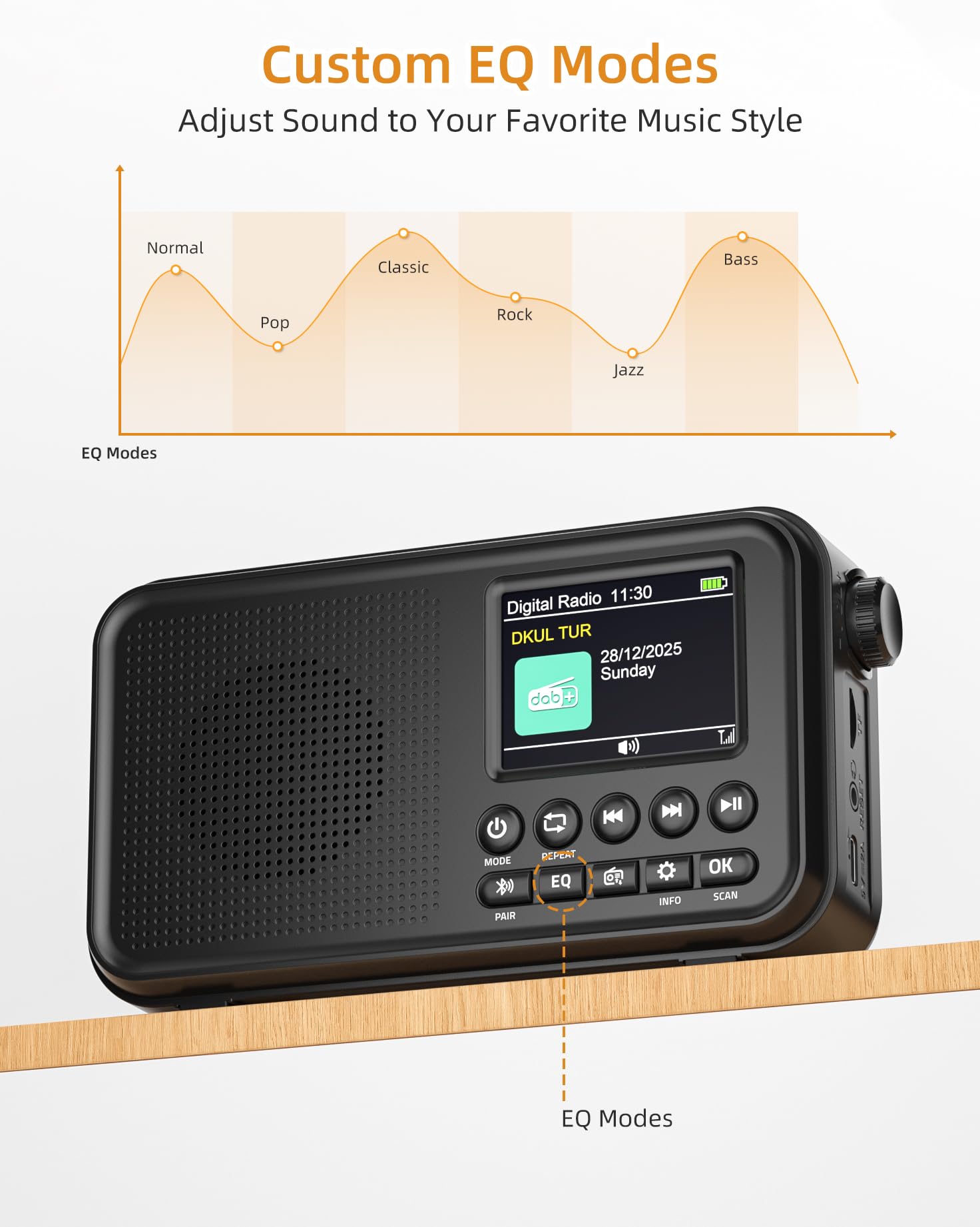Tragbares DAB+ Radio mit Bluetooth, UKW/DAB Digitalradio mit 2,4" Farbdisplay, 80 Senderspeicher, 3000mah Akku oder Netzbetrieb, Support TF-Karte/Wecker/Sleeptimer/Klinken, Für Küche, Camping, Garten 7