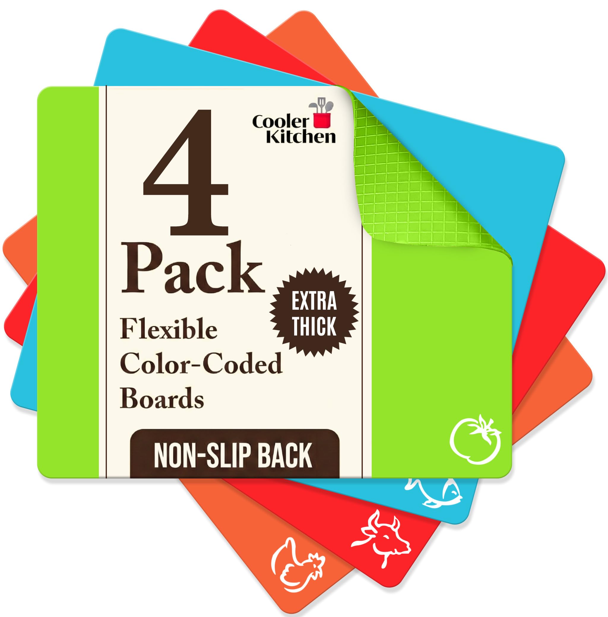 Extra Thick Flexible Plastic Chopping Board (Set of 4) - Plastic Cutting Board Set - Mats with Food Icons & EZ-Grip Waffle Back - Colour Coded Chopping Boards for Kitchens by Cooler Kitchen — image 1