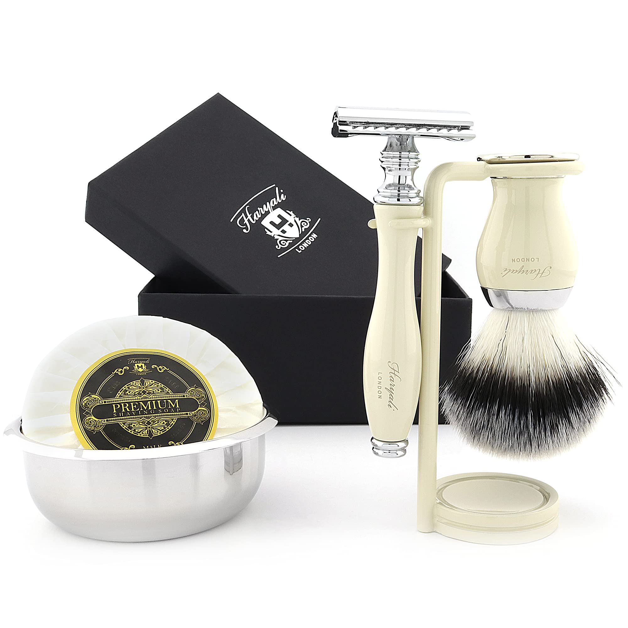 Haryali London 5 Pcs Wet Shaving Set for Men – Double Edge Safety Razor Kit with Badger Hair Brush, Shaving Soap, Bowl & Stand – Traditional Shaving Gift Set for Men