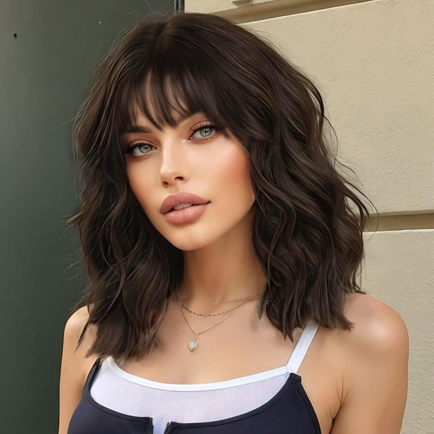 YEESHEDO Shoulder Length Wavy Bob Wigs with Fringe Bangs Dark Brown Wigs for Women,Natural Heat Resistant Synthetic Wigs for Daily/Party/Cosplay,14 Inch