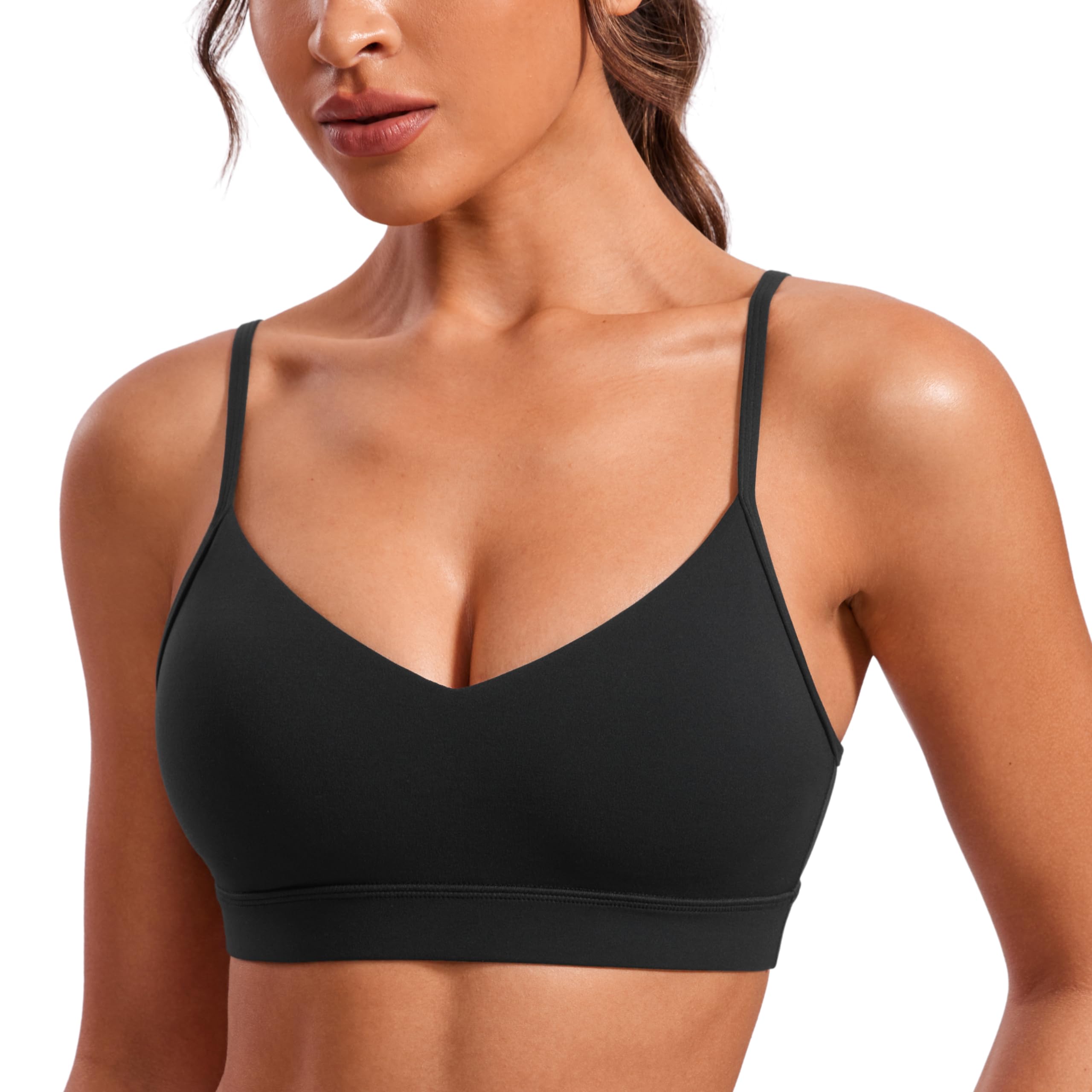 Photo 1 of CRZ YOGA Butterluxe V-Neck Sports Bras for Women - Adjustable Thin Straps Padded Yoga Top Basic Wireless Camisole Black Medium