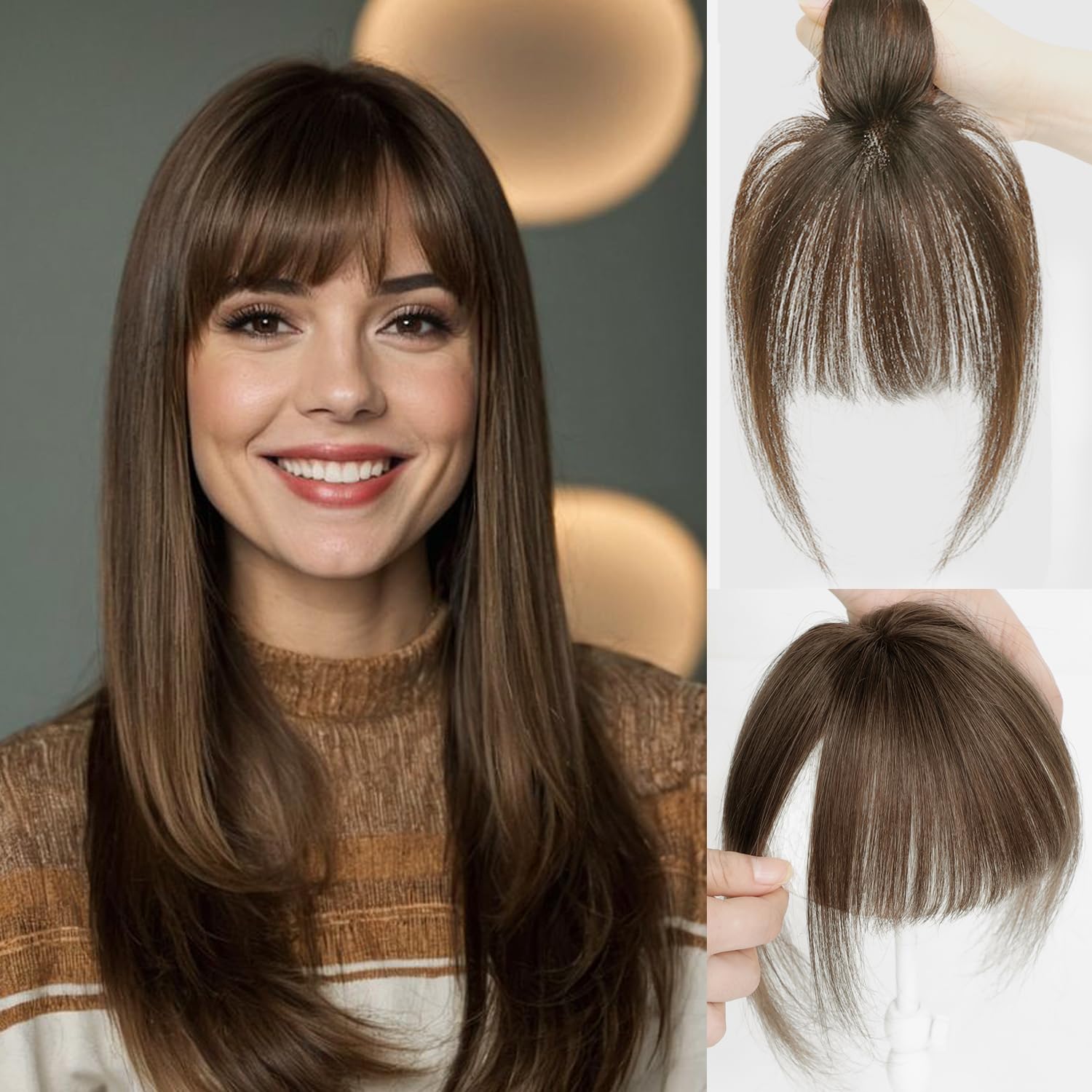 Clip in Fringe 100% Real Human Hair Fringe Clip in Bangs 10 Inch Hair Topper With 6 inch Bangs Hair Toppers for Thinning Hair Women Real Hair 360°Clip on Fringe for Daily Wear (Chocolate Brown)