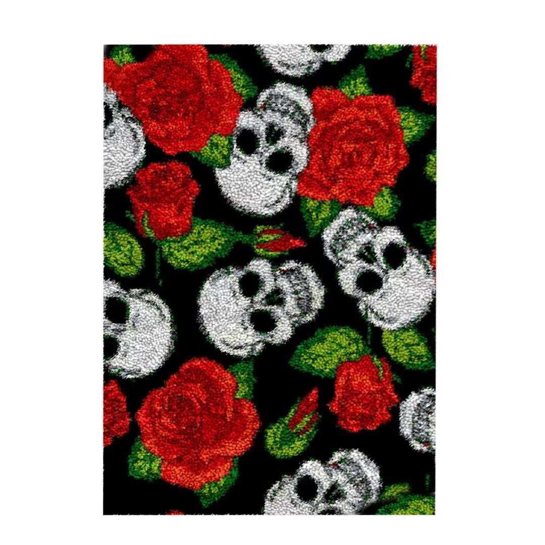 Latch Hook Kits for Kids and Adults, DIY Latch Hook Rug Kit, Cross Stitch Rug Making Kit, Carpet Making Crochet Kits Embroidery Kits Needlework Crafts for Home Decor, 50X38CM, Flowers and skeletons