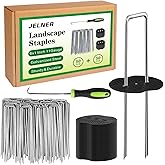 JELNER Garden Stakes,6 Inch 11 Gauge 50pcs Galvanized Landscape Staples + 50pcs Gaskets + 1Pick Hook,Tent Stakes Landscaping 