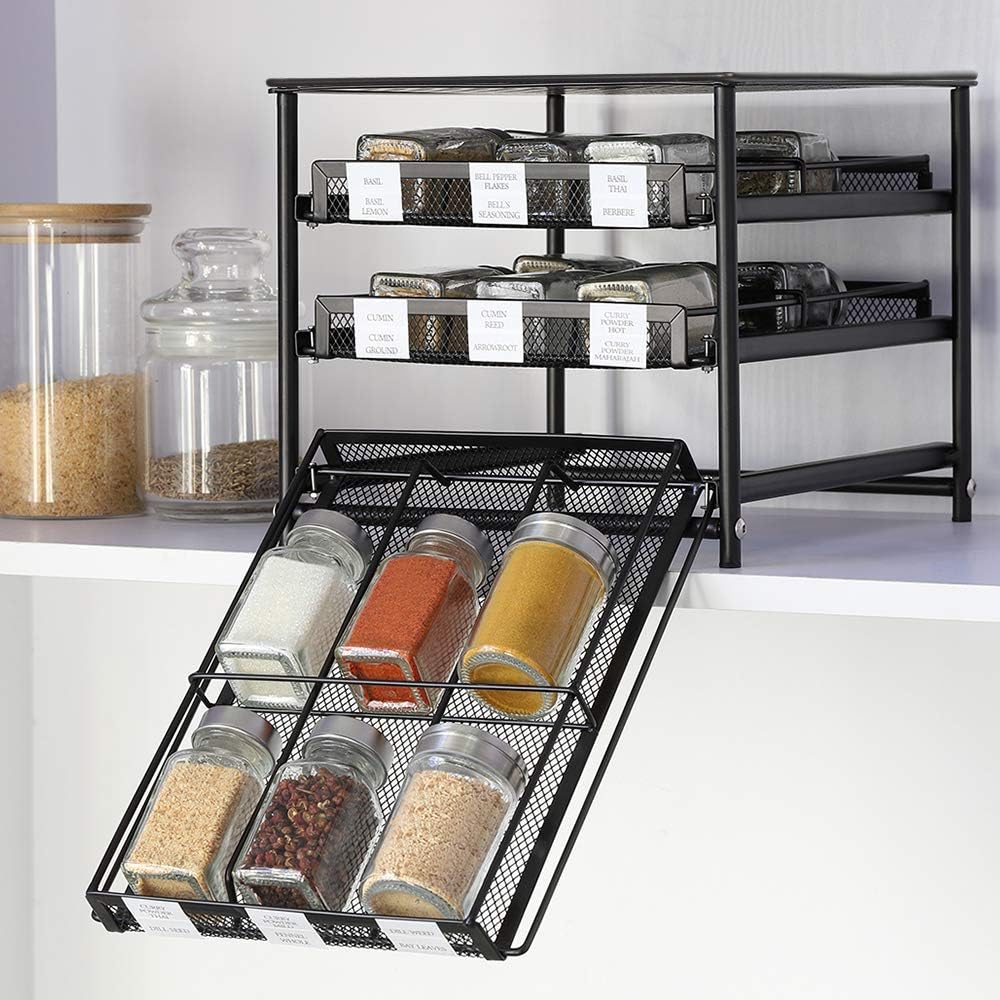 NEX Spice Rack Organizer for Cabinet, 3 Tier 24-Bottle Spice Drawer Storage for Kitchen Pantry Countertop, Metal, Silver: Home Improvement