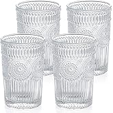 MDLUU Embossed Water Glasses, Romantic Glassware, Vintage Drinking Glasses, Glass Tumblers for Juice, Beverages, Cocktail, Capacity 12.5oz/370ml, Set of 4