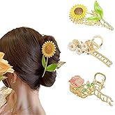 3 Pcs Metal Flower Claw Clip Set - Rose, Daisy, and Sunflower Large Hair Clips for Strong Hold on Women's Thick Hair