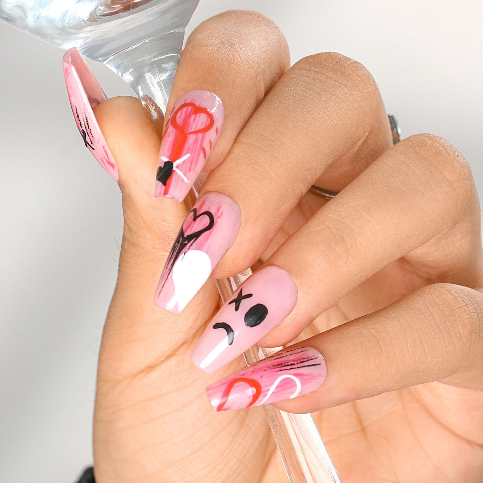 Sethexy Pink Long Coffin Press On Nails Handmade Painted Acrylic Fake Nails Funny Glossy False Nails for Women and Girls 20PCS (X)