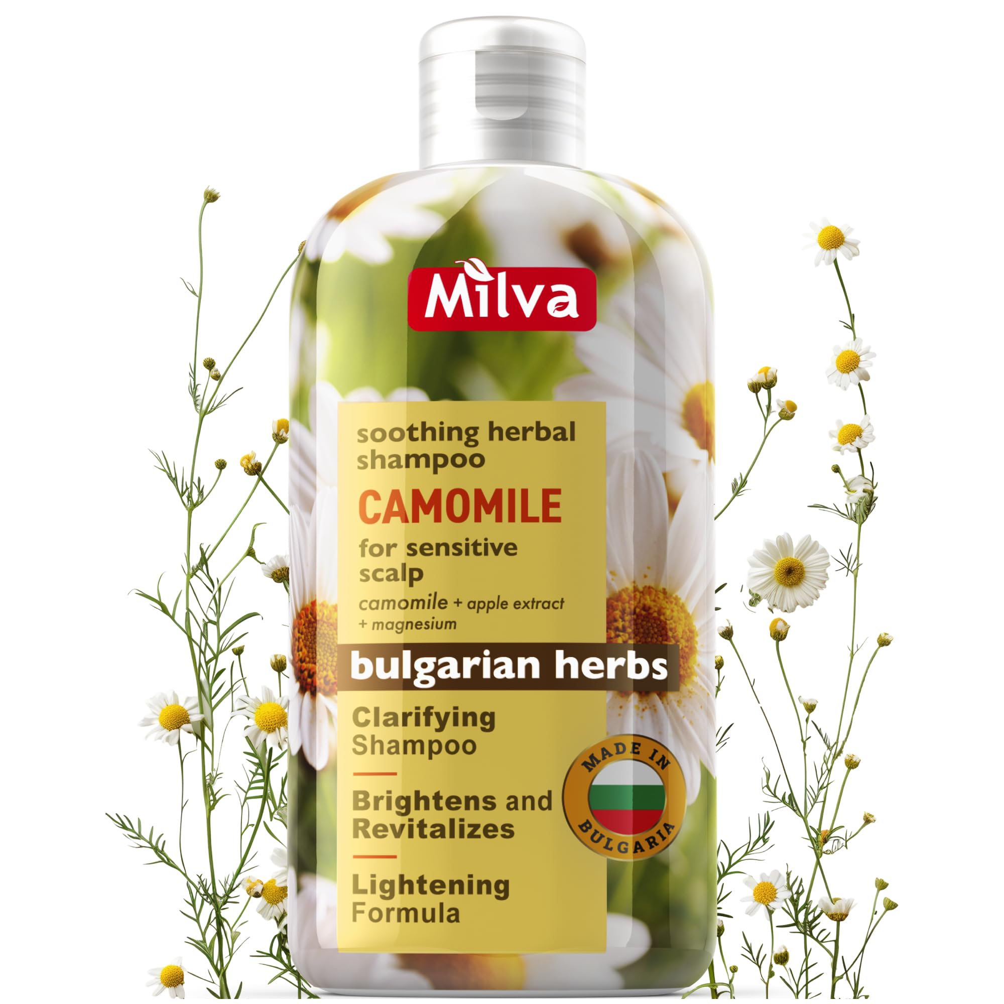 Milva Chamomile Shampoo for Sensitive, Dry, Itchy Scalp with Magnesium & Apple Extract - 200ml Cleansing, Clarifying Shampoo with Herbal Soothing Formula - Naturally Lightens & Brightens Blonde Hair