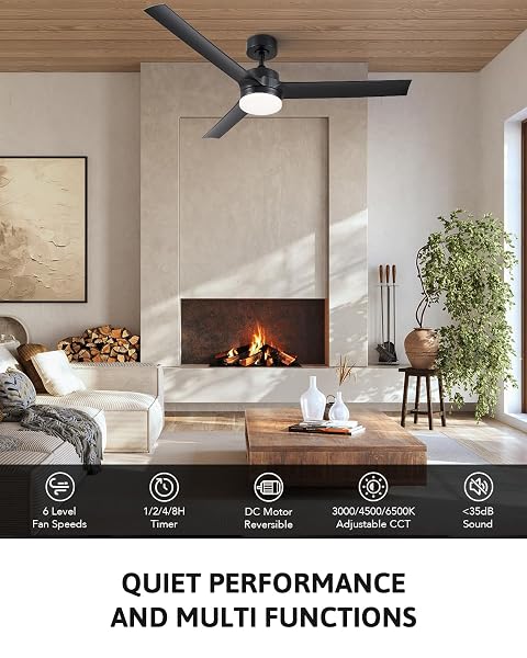 VONLUCE CEILING FANS WITH LIGHTS, 52 INCH CEILING FANS WITH LIGHTS AND REMOTE, 6-SPEEDS NOISELESS REVERSIBLE DC MOTOR, 3CCT, MODERN CEILING FAN FOR FARMHOUSE BEDROOM PATIO, BLACK
