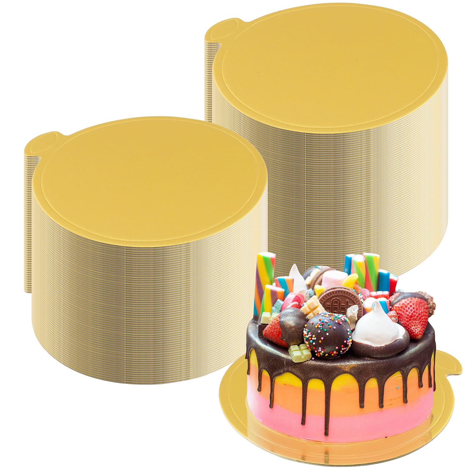 Photo 1 of zsccxq 100 Pcs 4 Inch Mini Cake Boards Round Golden Mousse Cake Boards Disposable Cardboard Plate Round Coated Cakeboard for Kitchen Baking Caking Pizza Dessert Cupcake Tray (4 Inch)