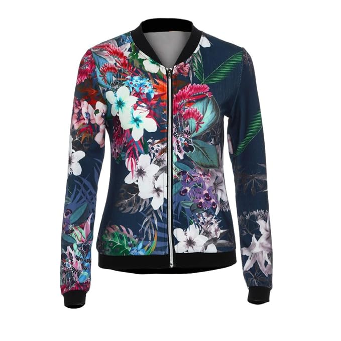 Rosennie Damen Reißverschluss Blumen Gedruckt Bomber Jacke Mode Kurz Motorrad Jacke Herbst Winter Lange Ärmel Lässig Stilvoll