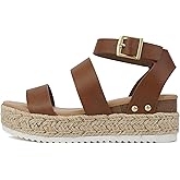 Soda Top Shoe Bryce Open Toe Buckle Ankle Strap Espadrilles Flatform Wedge Casual Sanda (Cognac Pu, 7)