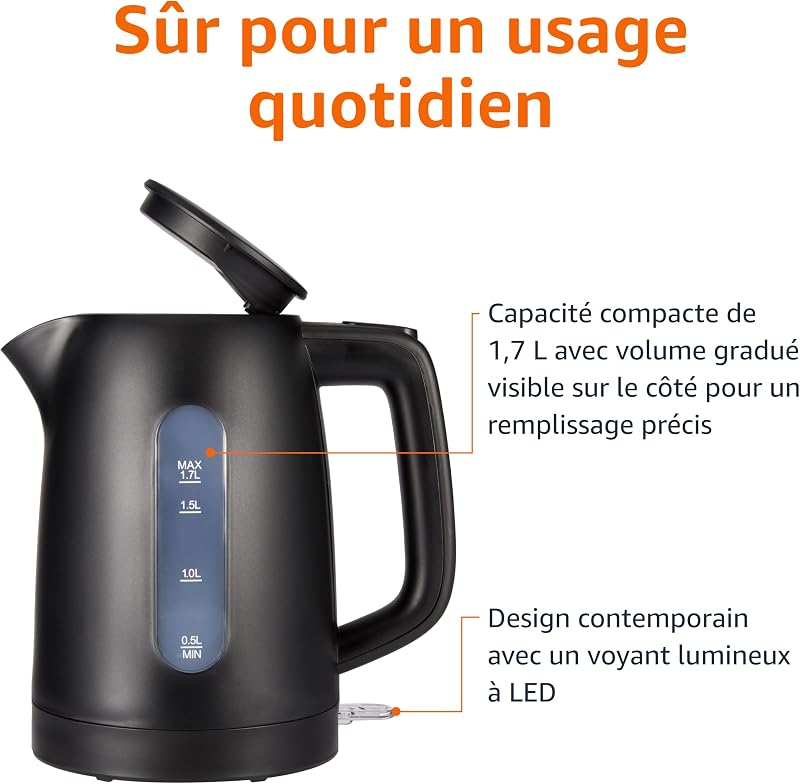 Bouilloire Électrique 1,7L, 2200 W, Sans BPA avec Base 360°, Arrêt Automatique et Filtre Anti-Calcaire Amovible, Noir Mat