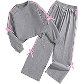 Verdusa Girl's 2 Piece Outfits Bow Crew Neck Long Sleeve Tee Top and Wide Leg Pants Set