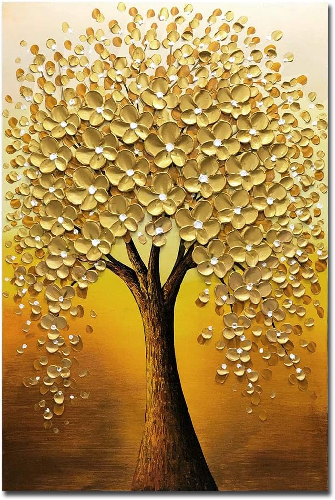 Paintings - Yotree Oil paintings, 24x36 Inch Golden Flowers Tree Luck Tree Oil Hand Painting Painting 3D Hand-Painted On Canvas Abstract Artwork Art Wood Inside Framed Hanging Wall Decoration Abstract Painting