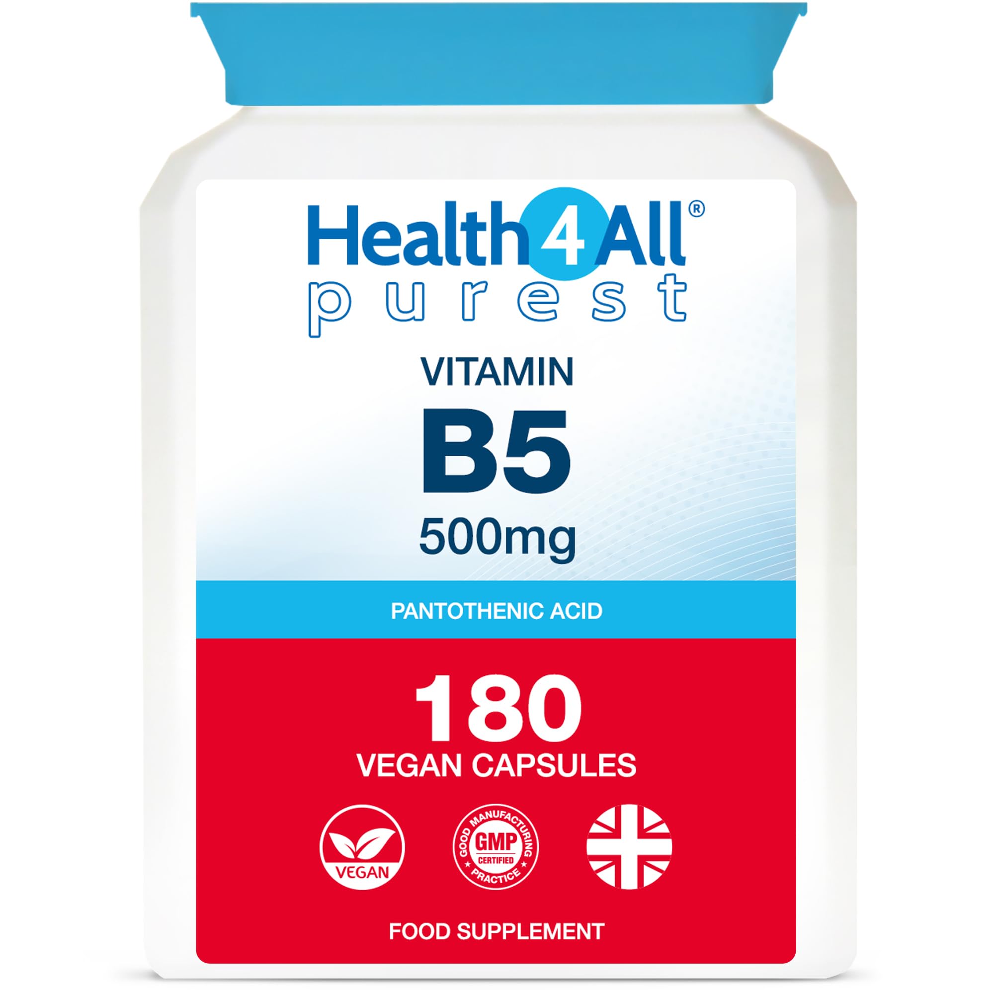 Health4All Vitamin B5 Pantothenic Acid 500mg 180 Capsules 6 Months Supply, Purest No Additives VitB5 Capsules (not Tablets), Vegan, Gluten-Free High Strength 8,333% NRV Supplement | Made in UK