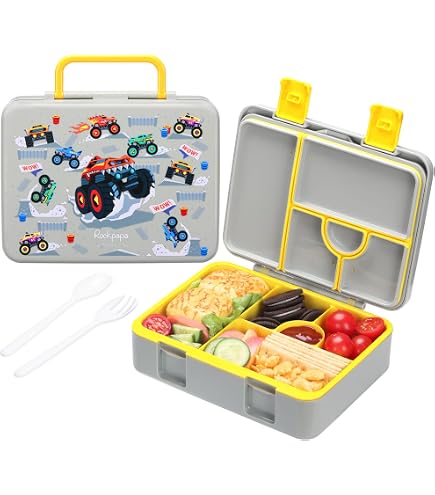 Rockpapa Bento-Lunchbox Für Kinder – 5 Fächer, 1,3 L, Auslaufsicher & Mit Kühlakku, BPA-frei, Spülmaschinenfest (inkl. Besteck & Griff)