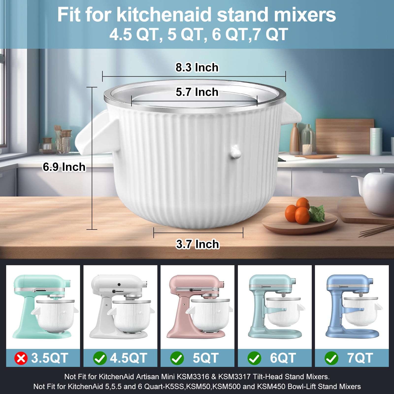Ice Cream Maker Attachment for Kitchen Aid Stand Mixer, 2 Quart, Ice Cream & Sorbet Gelato Maker Machine, Fits 4.5Qt and Larger Stand Mixers, with 2 Ice Cream Holder