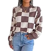 Women's Color Block Checkered Crew Neck Long Sleeve Y2K Plaid Knitted Pullover Sweater Tops Vintage Preppy Style Knitwear