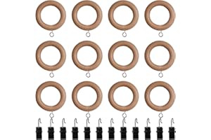 INCREWAY Wooden Curtain Rod Rings, 12PCS Drapery Rod Rings Natural Wood Curtain Rings with Clips 1.38'' Inner Diameter Decora