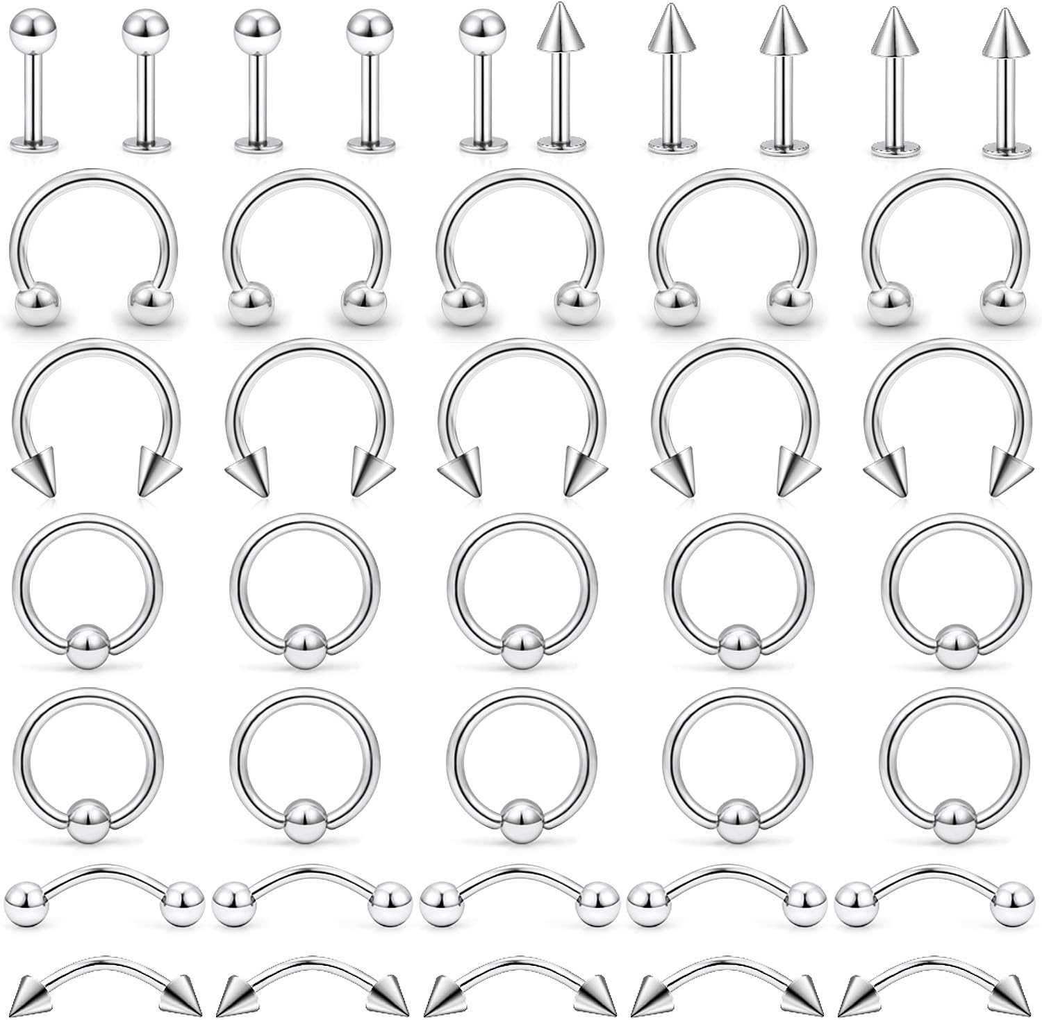 40PCS Stainless Steel Nose Rings Hoop Nose Piercing Tragus Cartilage Helix Barbell Eyebrow Horseshoe Rings Body Piercing Jewelry Lip Studs Women 12G
