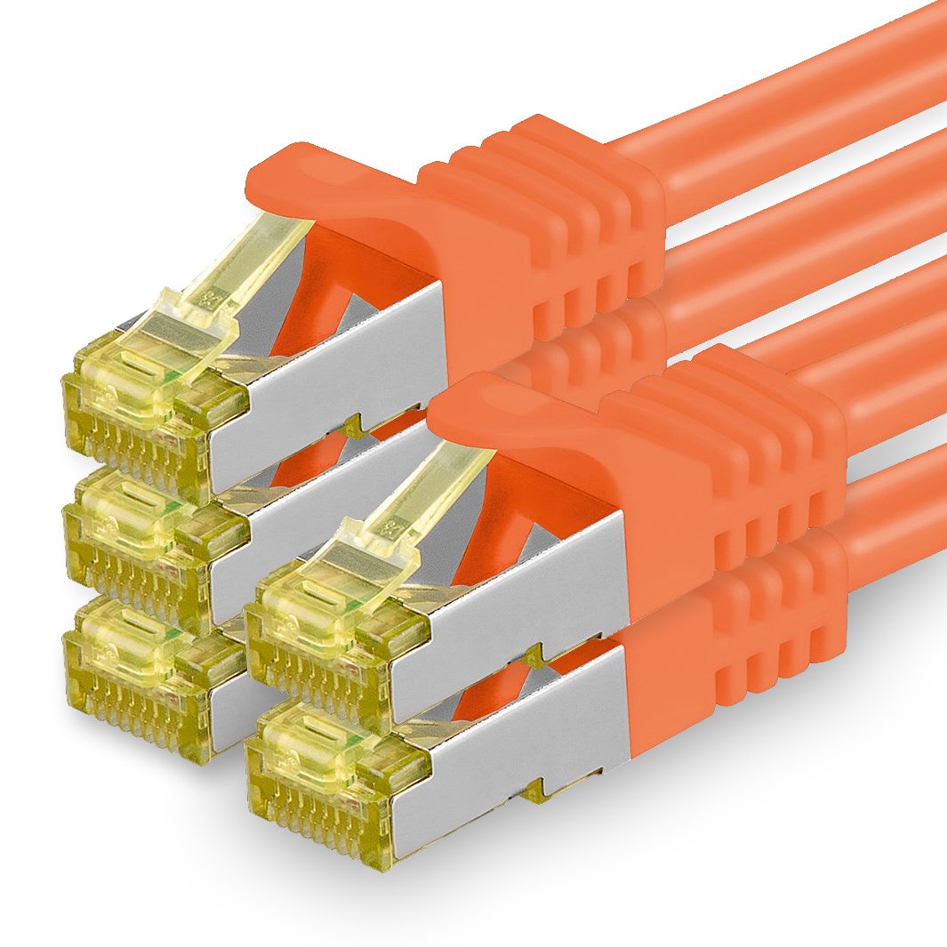 Cat.7 Patch Cable Set, S/FTP (PiMF) Ethernet LAN Network Cables, 10 Gigabits/10000 Mbps – High Speed – 600 MHz with Locking Protection, Halogen-Free (LSZH) Orange - 5 pièces 2m