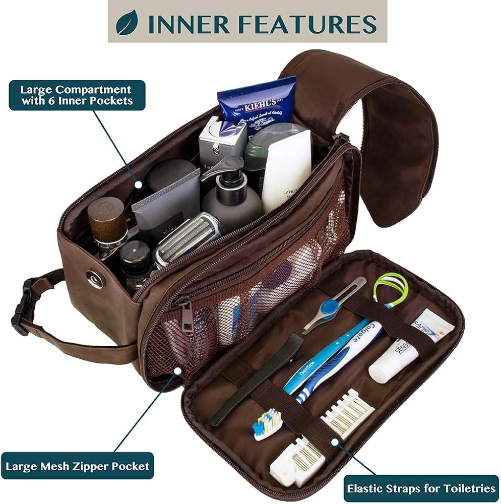 PAVILIA Toiletry Bag for Men, Travel Toiletries Bag | Water-resistant Dopp Kit, PU Leather Shaving Bag Organizer for Toiletry Accessories, Grooming, Hygiene, Cosmetic (Brown): Clothing