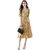 LAI MENG FIVE CATS Women's Casual Chffion V-Neck Floral Print Waist Drawstring Midi Dress