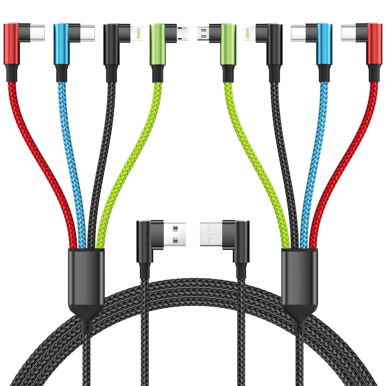 Travel Essentials 90 Degree Multi Charging Cable [2Pack 5FT], Right Angle 4 in 1 Charging Cable, Long Phone Charger Cords with IP/Type C/Type C/Micro Port, Compatible with Most Cell Phones and More