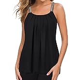 MANER Women's Plus Size Cami Casual Pleated Chiffon Tank Top with Beaded Strap