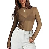OFEEFAN Womens Long Sleeve Mesh Top See Through Mock Neck Sheer Blouses