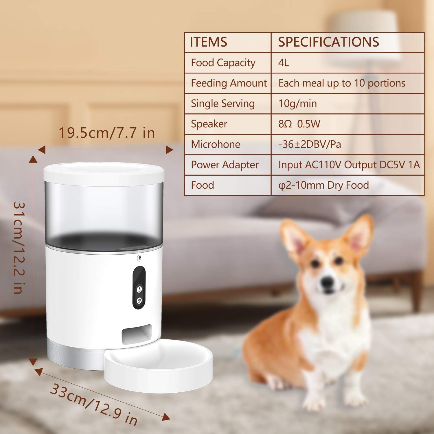 Peteme Automatic Cat Feeder 4L, Smart Pet Feeder Food Dispenser for Cats, Dogs & Small Pets, App Portion Control and Scheduled Feeding, Voice Recorder, Compatible with Alexa, 2.4G Wi-Fi : Kitchen & Dining