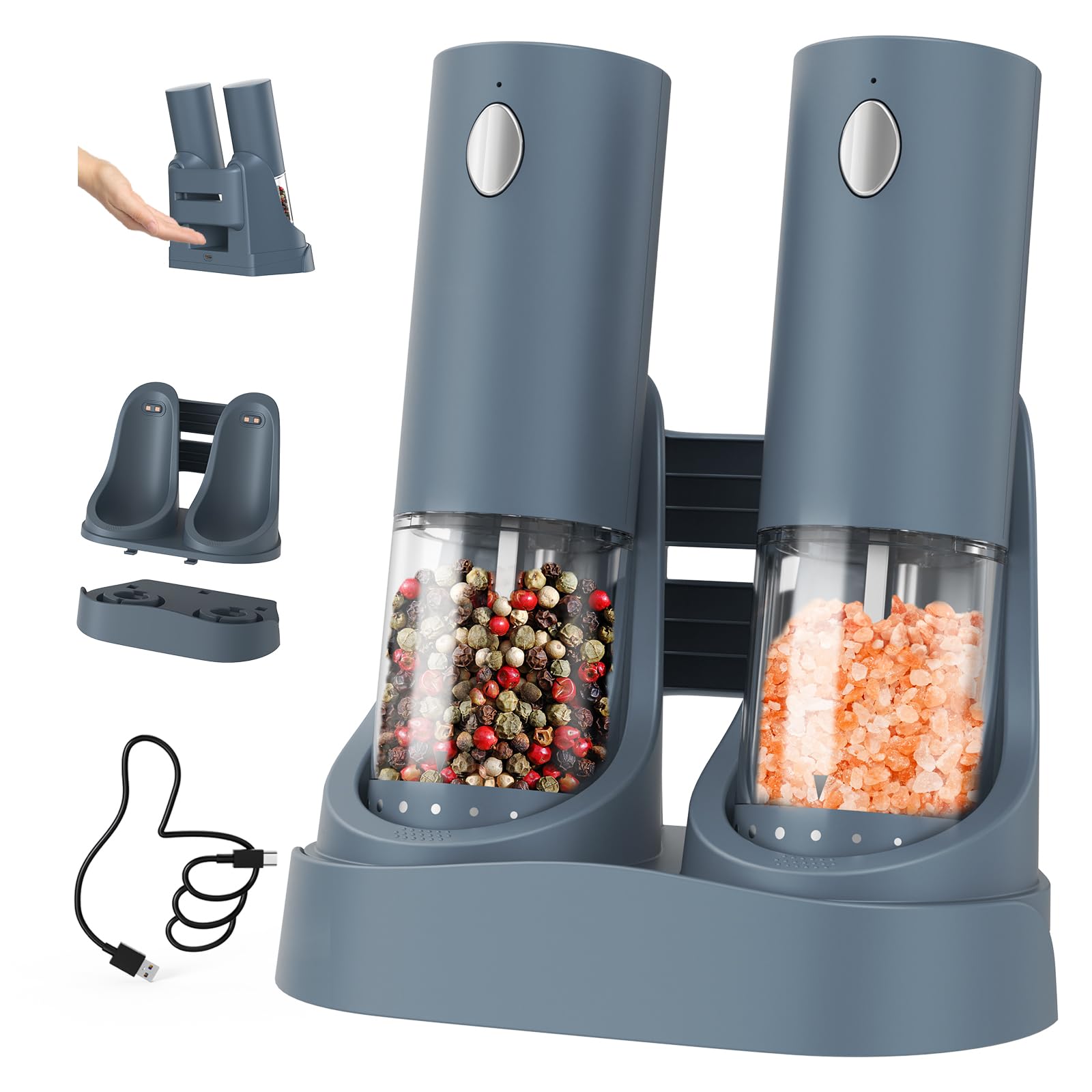 Photo 1 of CIRCLE JOY Electric Salt and Pepper Grinder Set Automatic Salt and Pepper Grinder Set with Easy-to-Carry Charging Base and LED Light, Adjustable Coarseness, USB Rechargeable, Washable Container, Blue