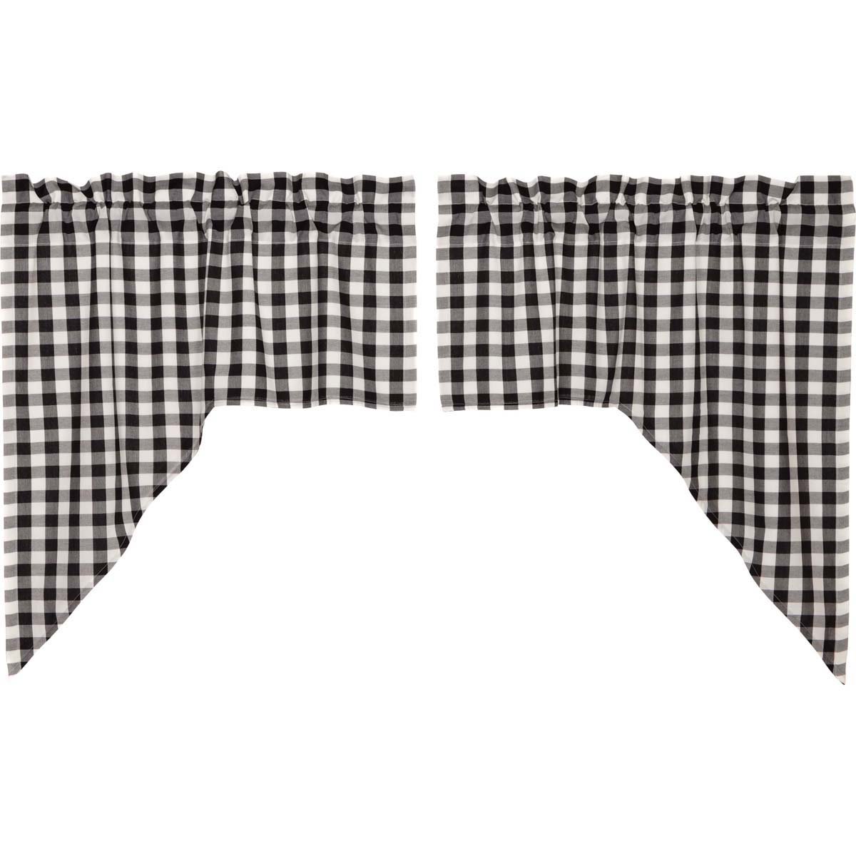 VHC Brands Classic Country Farmhouse Kitchen Window Curtains - Annie Buffalo Check White Lined Swag Pair, Black