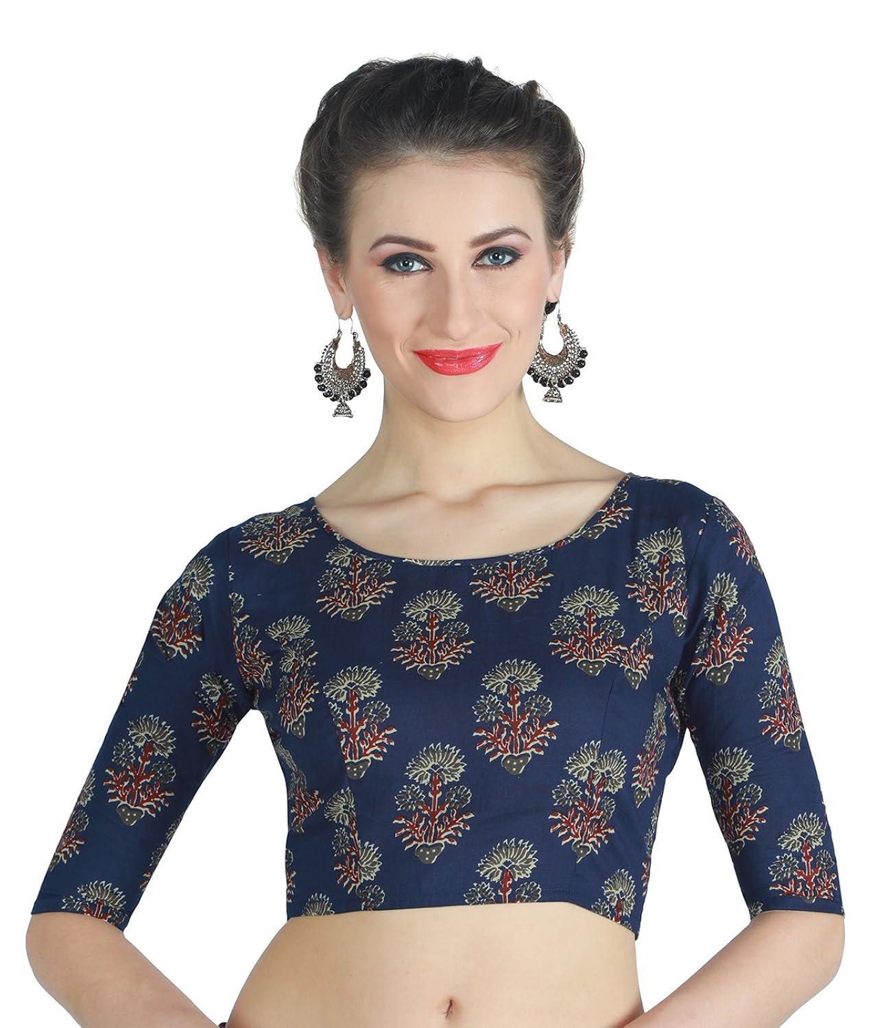 studio shringaar latest pure cotton blue printed womens saree blouse jaipuri block with boat neck and elbow length sleeves.