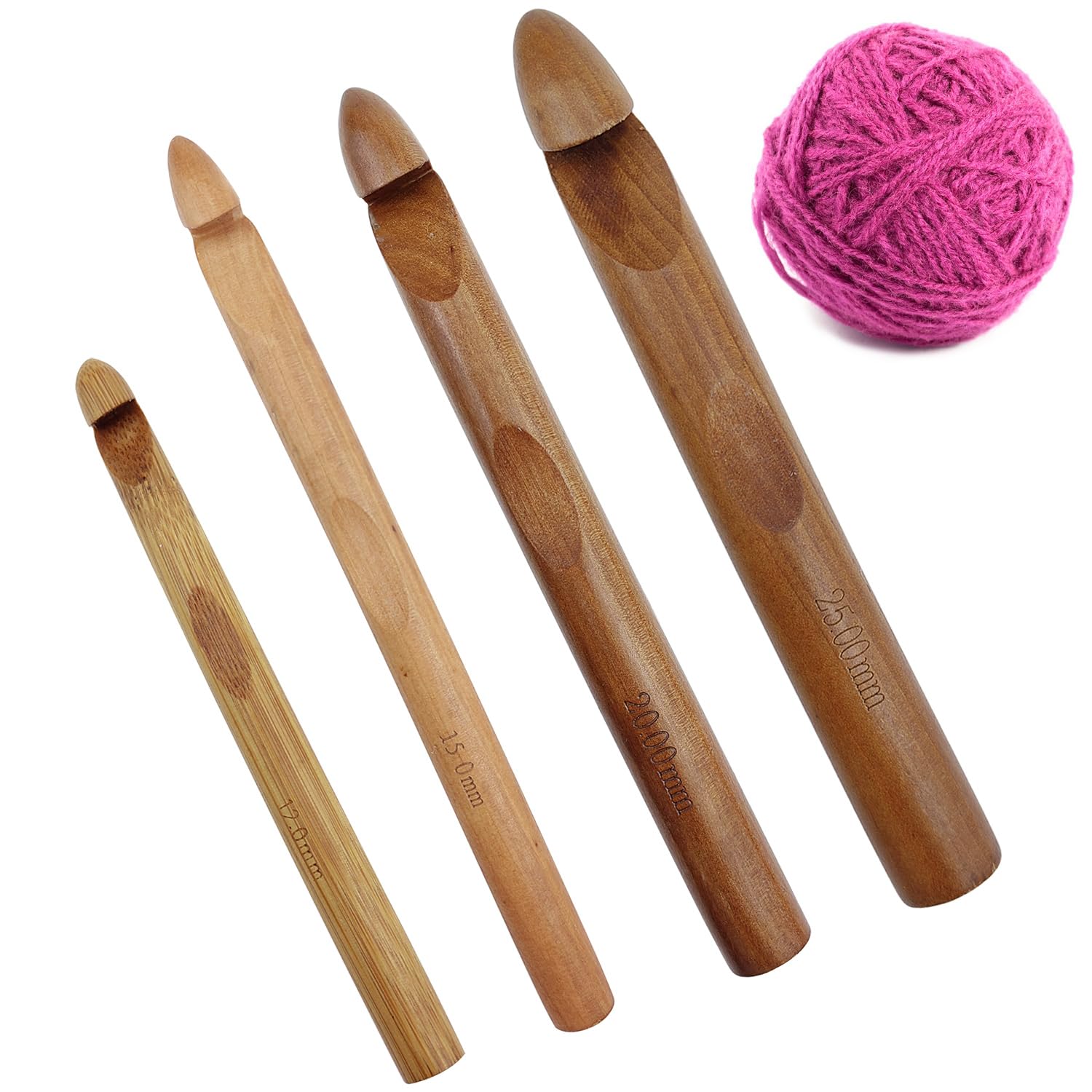 4 PCS Wooden Crochet Hooks,12/15/20/25mm Giant Crochet Hook Handcrafted Knitting Needles,Ergonomic Handle Knitting Crochet Needle Set for Beginner Thick Fabric Chunky Yarn Craft