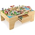Costzon Train Table, 3-in-1 Wooden Train Set Table with Reversible 84 PCS Track Train Toys, Table Map & Storage Drawer for Building, Playing, Studying, Eating, Kids Activity Table for Toddlers Aged 3+