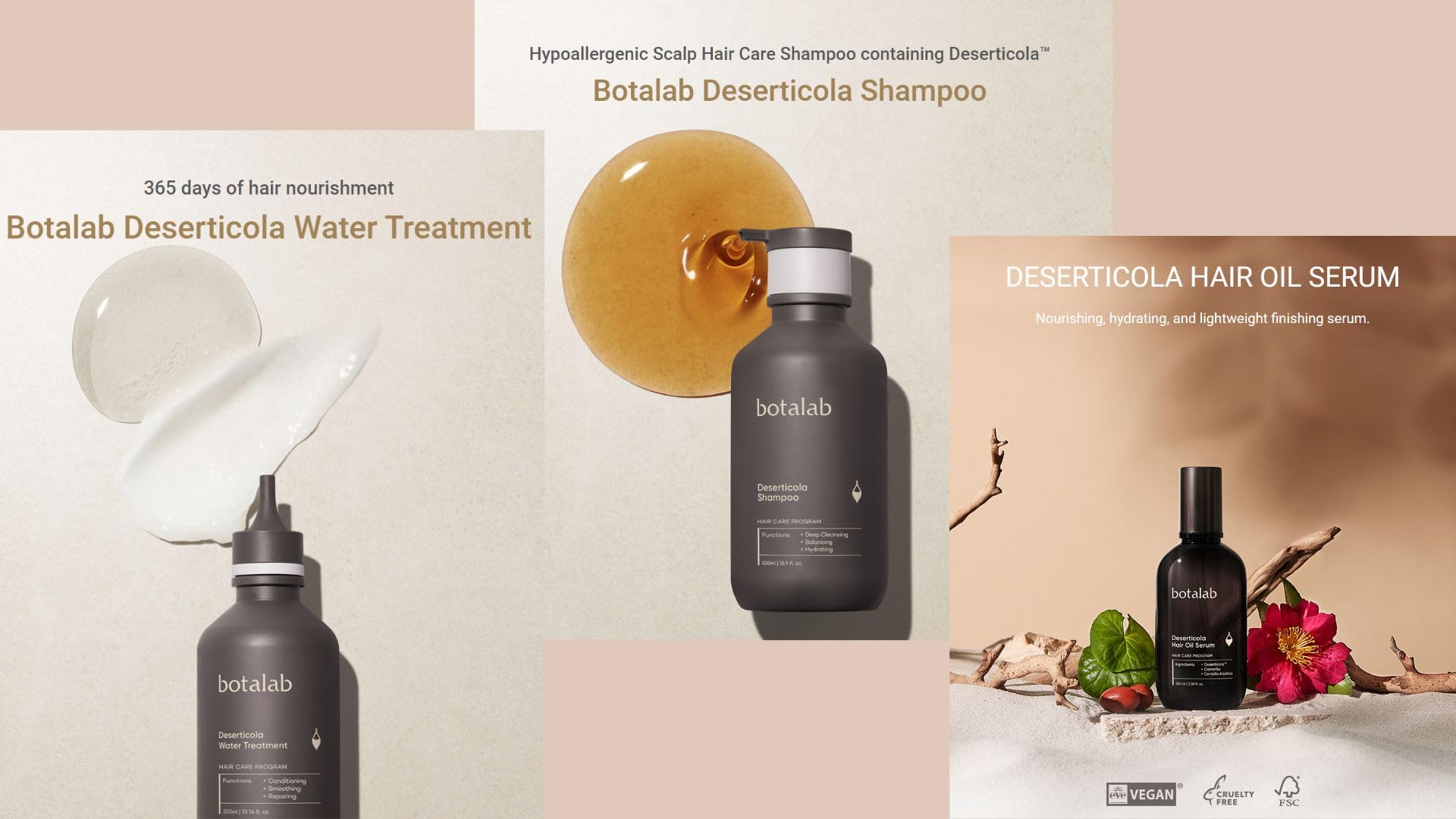Botalab Hair Growth Pack Korean Kbeauty Hair Care Set: 3 Items, Deserticola Shampoo, Water Treatment, Hair Oil Serum