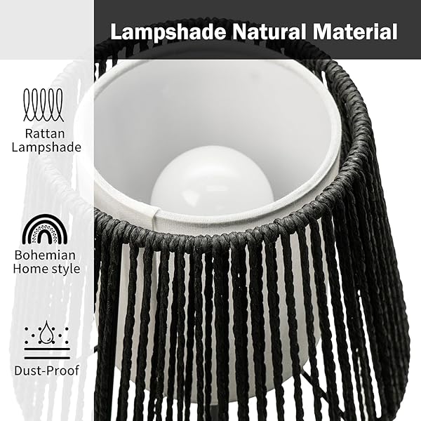 TOUCH BOHO LAMP DIMMABLE, 3-WAY BEDSIDE TABLE LAMP 14.2″, ROPE LIGHT FOR BEDROOM NIGHTSTAND FARMHOUSE, BULB INCLUDED, 2 PACKS (BLACK)