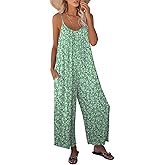 KMAZN Womens Casual Loose Sleeveless Bohemian Beach Jumpsuits Spaghetti Strap Wide Leg Rompers with Pockets LTK