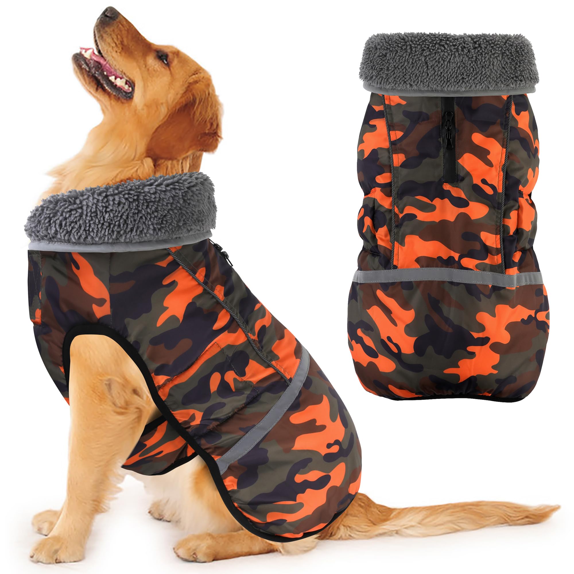 Dogcheer Warm Dog Coat, Waterproof Dog Jacket Christmas Puppy Winter Coat with Buckle, Reflective Adjustable Pet Snow Jacket Turtleneck Fleece Sweater for Small Medium Large Dogs - Orange Camo, XL Image