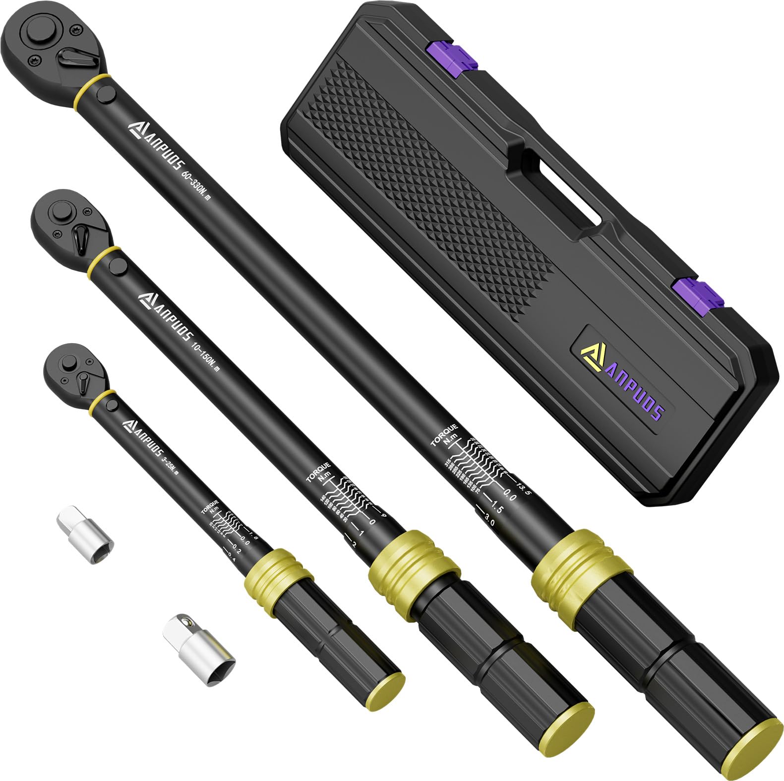 ANPUDS Torque Wrench 1/4 & 3/8 & 1/2 Inch, 3-25 Nm, 10-150 Nm, 60-330 Nm, 5-Piece Complete Torque Wrench Set, ±3% Certified Accuracy, 72 Teeth for Bicycle, Car, Truck, Motorcycle
