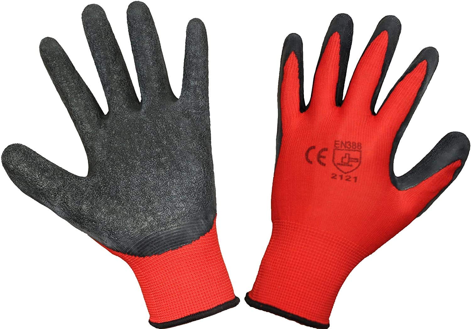 EETOOLS 12 Pairs Work and Gardening Gloves - Red/Black Latex Coated Workwear Gloves for Builder, Gardener, Mechanic, Construction, Warehouse - X LARGE/SIZE 10