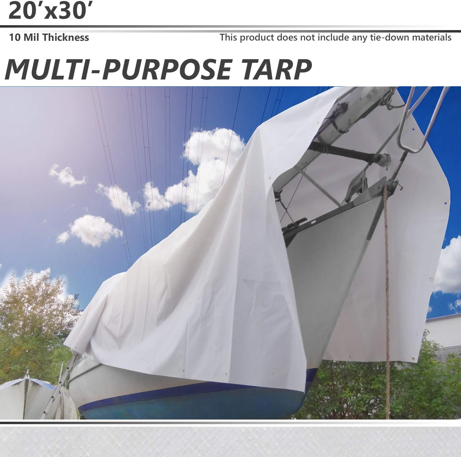 BOUYA 20' x 30' Tarp 10-mil Heavy Duty Thick Material, Multi-Purpose Waterproof Reinforced Rip-Stop with Grommets, UV Resistant, for Tarpaulin Canopy Tent, Boat, RV or Pool Cover, White
