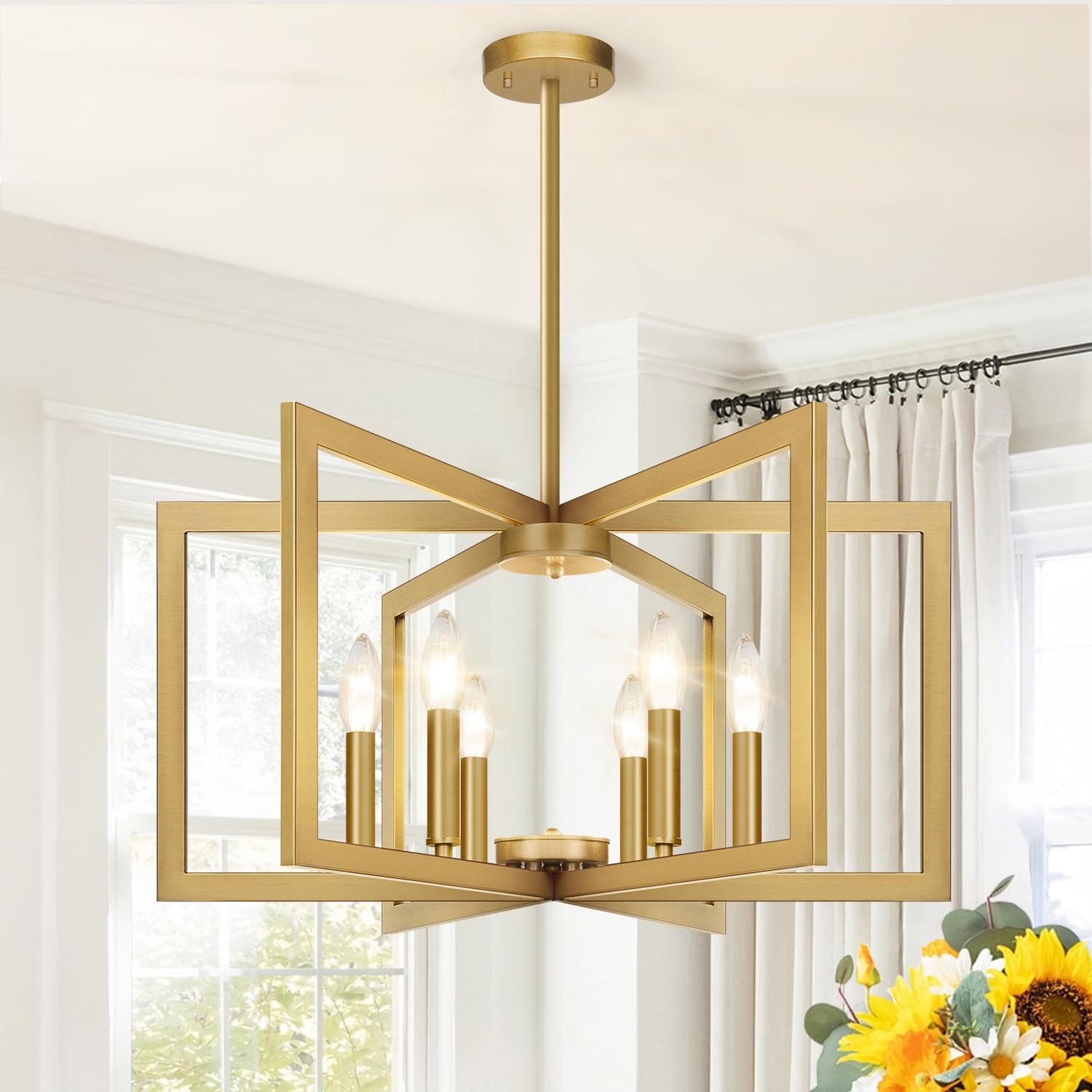 Photo 1 of 25" Modern Gold Chandelier for Dining Room (6-Light, 25-Inch), Geometric Gold Dining Room Light Fixture Over Table, Industrial Metal Hanging Pendant Lights for Kitchen Island, Entryway, Foyer