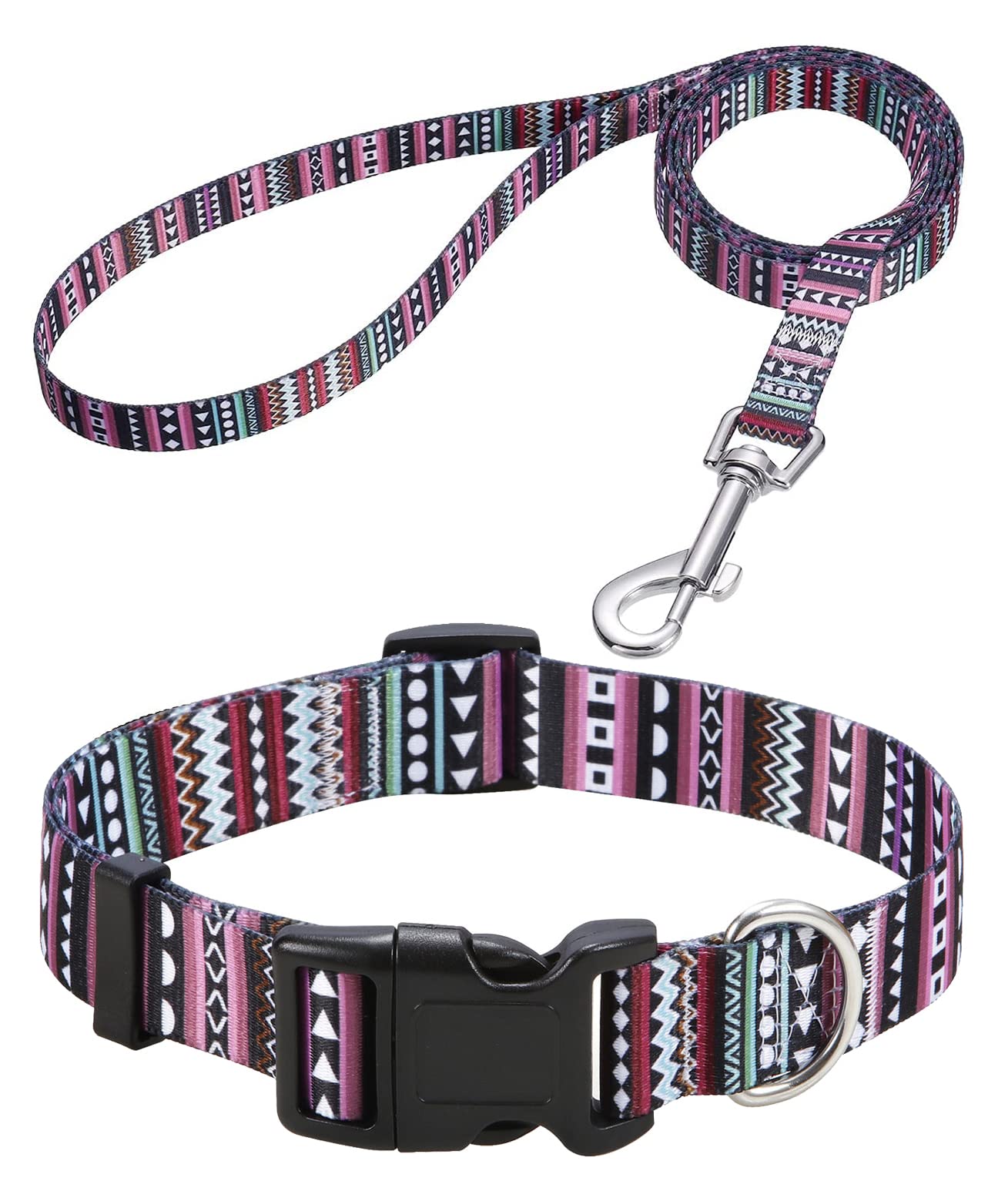 Mihqy Dog Collar and Lead Set with Bohemia Floral Tribal Geometric Patterns - Soft Ethnic Style Collar Adjustable for Small Medium Large Dogs(Bohemian Purple Set,L) — image 1