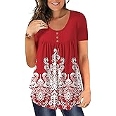 BeadChica Women's Plus Size Tunic Tops Casual Flowy Tshirts Ruched Botton Up Short Sleeve Blouses-Floral-XL Red White