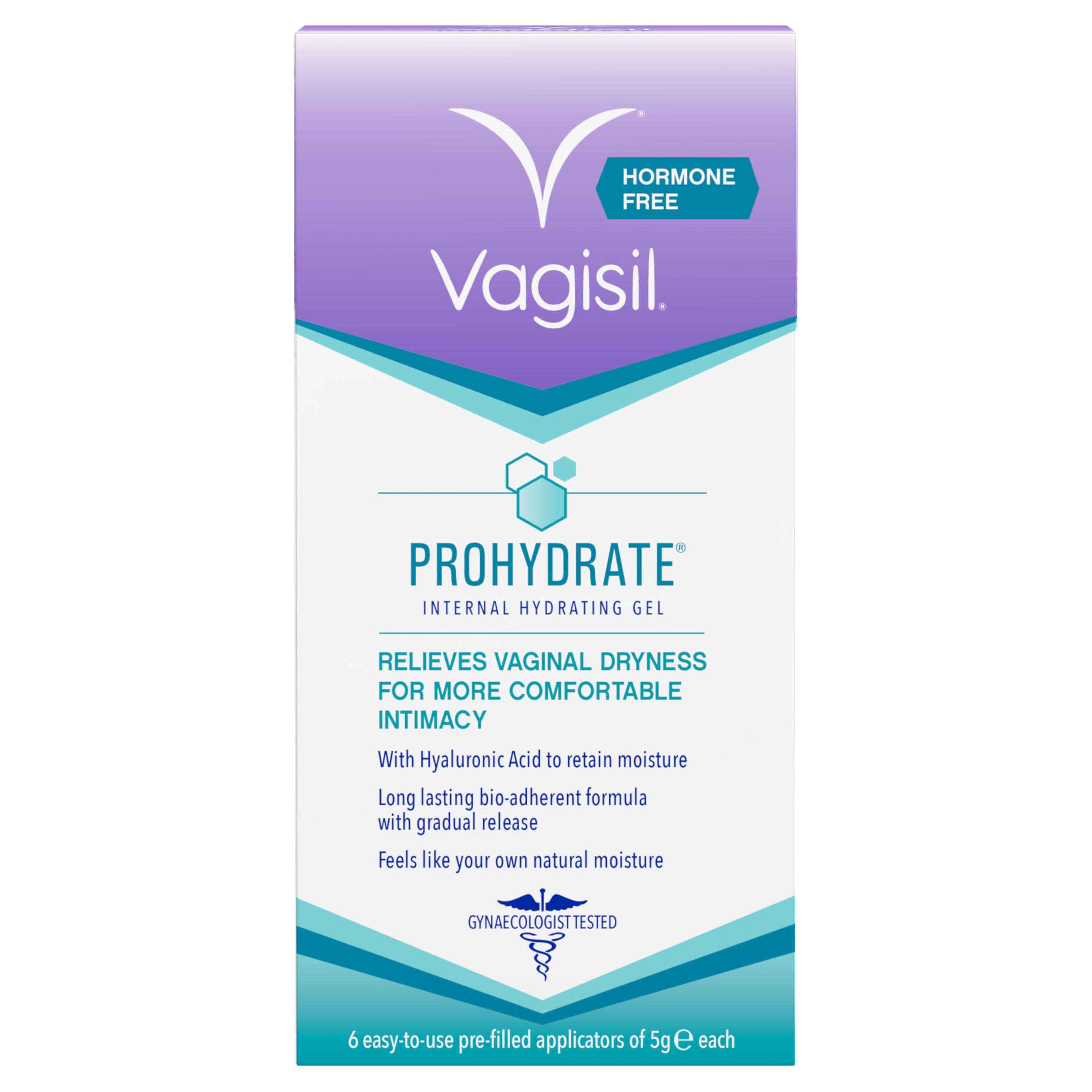 VAGISIL ProHydrate Internal Hydrating Gel, Relieves Vaginal Dryness for More Comfortable Intimacy with Hyaluronic Acid to Hydrate and Retain Moisture, Hormone Free, 6 x 5 g Applicators