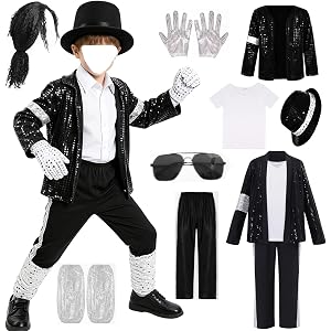 RVGBCOL 80s 90s Pop Star Costume, Set, Black Sequin Jacket, Trousers, Hat, Gloves, Wig, Dance Party Outfit, Halloween Costume